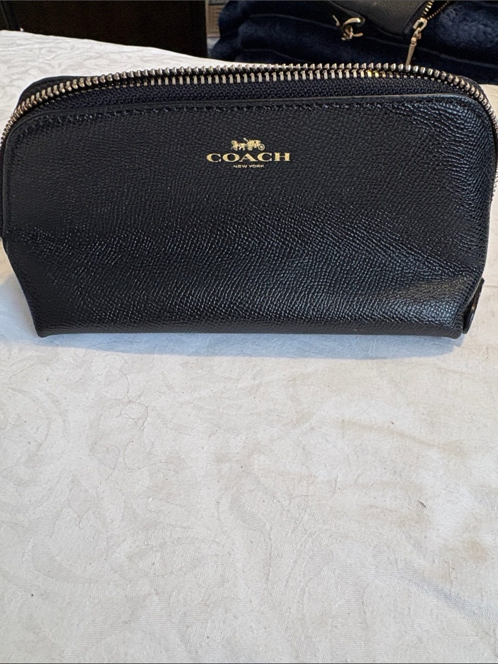 Coach Black Leather Toiletry Zip Pouch with Gold Logo